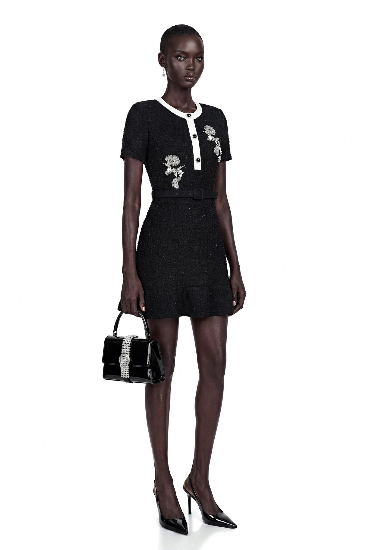 Marianne Black Sequin Embroidered Knit Mini Dress