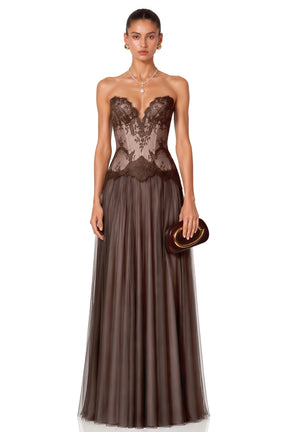 Marianne Brown Lace Corset Maxi Dress