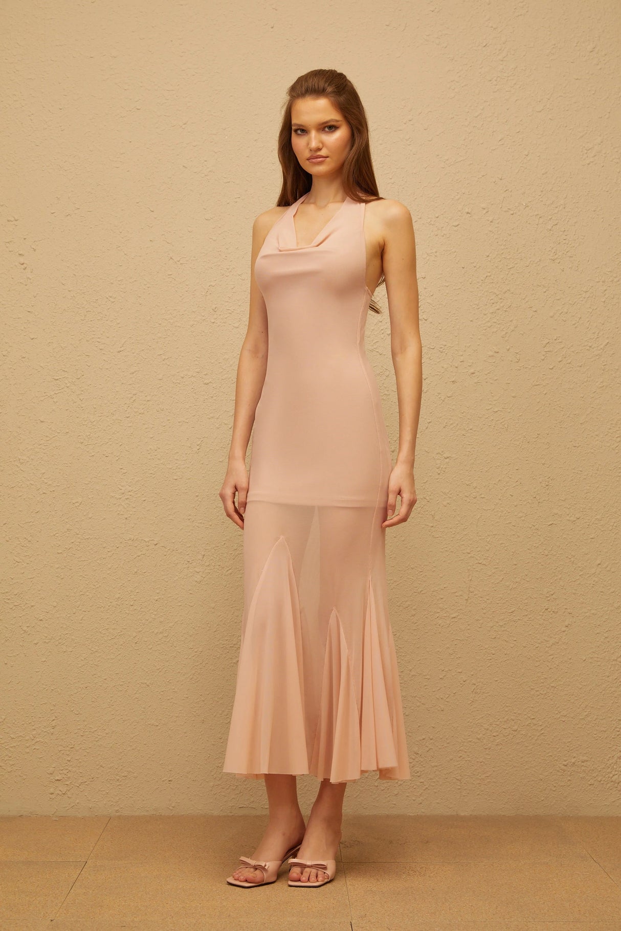 Marianne Pink Halterneck Mermaid Mesh Midi Dress