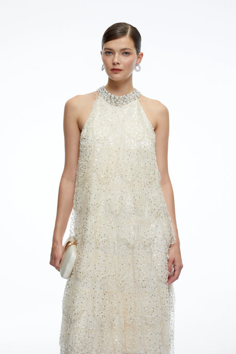 Paloma Midi Dress Crystal-Collar Embellished