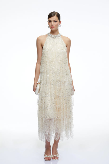 Paloma Midi Dress Crystal-Collar Embellished