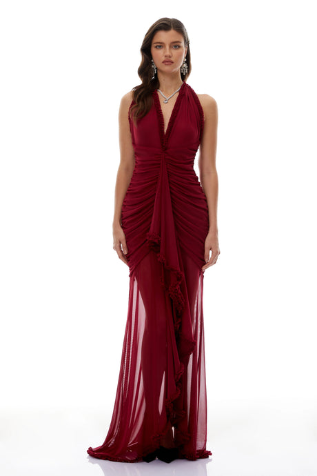 Tatiana Maxi Dress Burgundy Asymmetrical Ruched