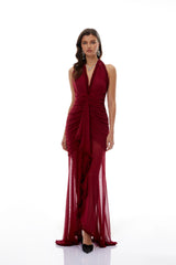 Marie Burgundy Asymmetrical Ruched Maxi Dress