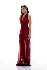 Marie Burgundy Asymmetrical Ruched Maxi Dress