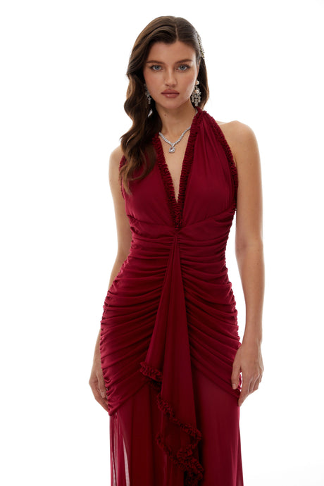 Tatiana Maxi Dress Burgundy Asymmetrical Ruched