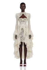 Mariella Ivory Asymmetrical Floral Lace Midi Dress