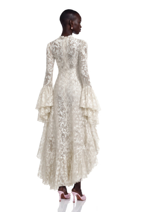 Adelaide Midi Dress Ivory Asymmetrical Floral Lace