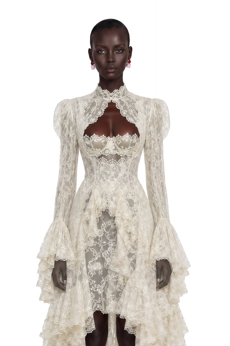Adelaide Midi Dress Ivory Asymmetrical Floral Lace
