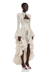 Mariella Ivory Asymmetrical Floral Lace Midi Dress
