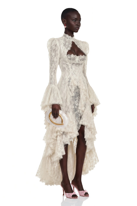 Adelaide Midi Dress Ivory Asymmetrical Floral Lace