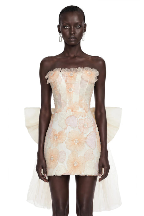 Mikayla Mini Dress Neutral 3D Floral with Bow Detail