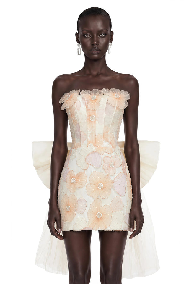 Marielle Neutral 3D Floral Mini Dress with Bow Detail