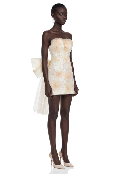 Mikayla Mini Dress Neutral 3D Floral with Bow Detail