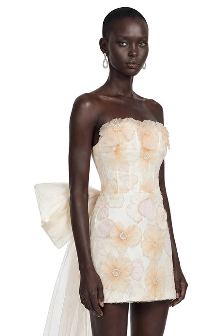 Mikayla Mini Dress Neutral 3D Floral with Bow Detail