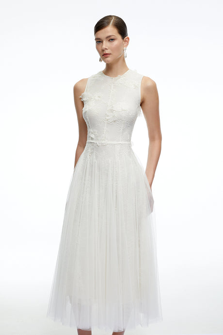 Zelinda Midi Dress White Round Neck with 3D Florals
