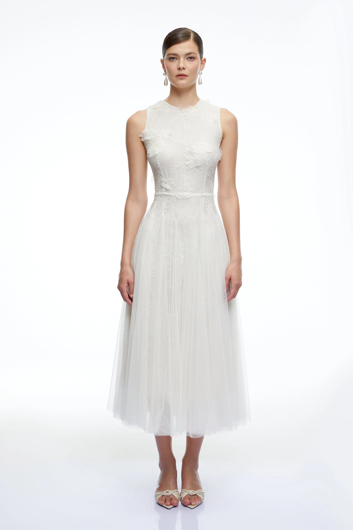 Marigold White Round Neck Midi Dress with 3D Florals