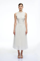 Marigold White Round Neck Midi Dress with 3D Florals
