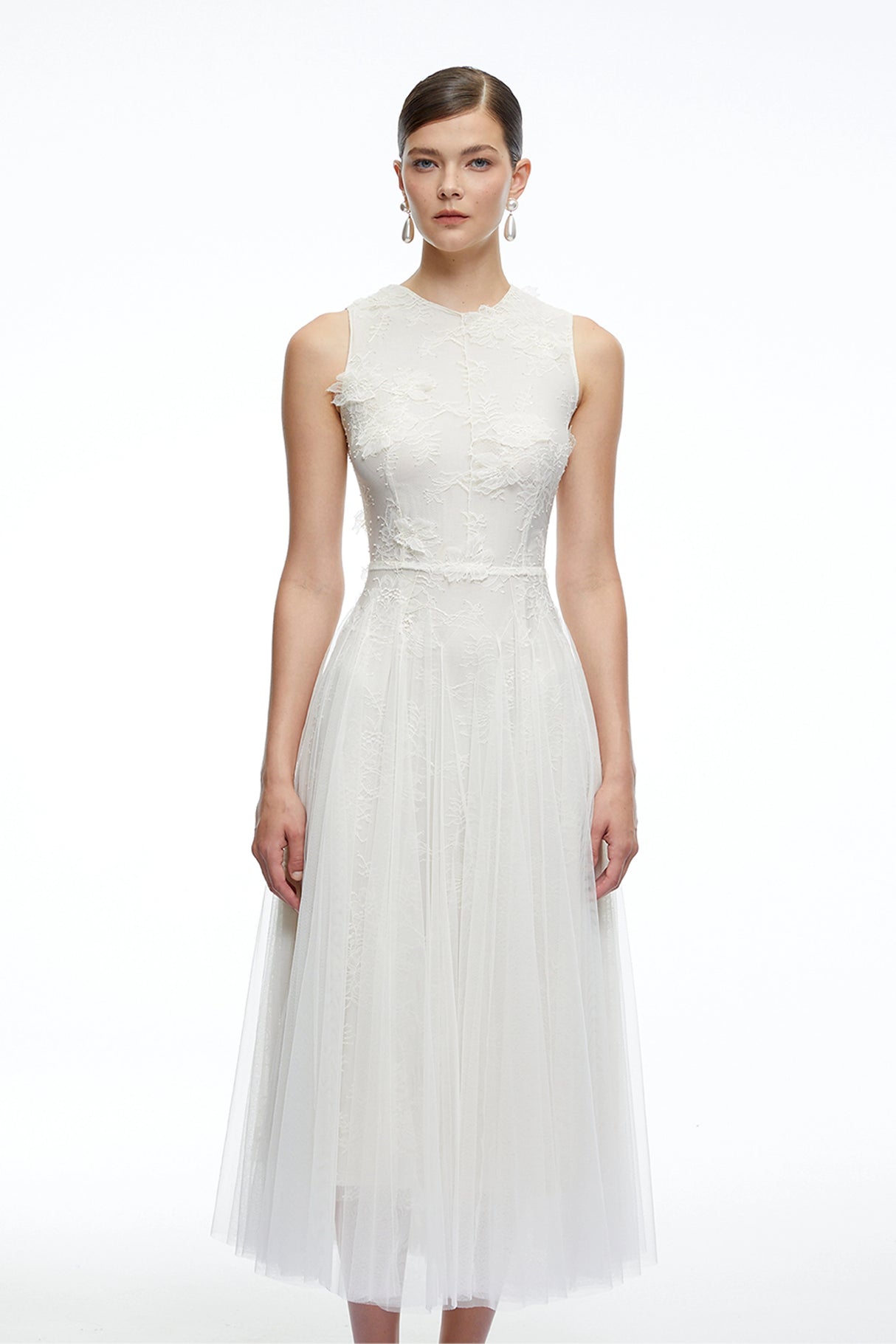 Marigold White Round Neck Midi Dress with 3D Florals