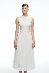Marigold White Round Neck Midi Dress with 3D Florals