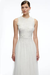 Marigold White Round Neck Midi Dress with 3D Florals