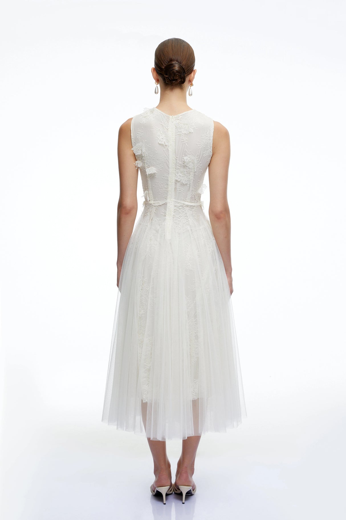 Marigold White Round Neck Midi Dress with 3D Florals
