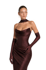 Marilou Brown Ruched Satin Maxi Dress