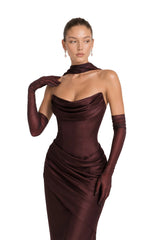 Marilou Brown Ruched Satin Maxi Dress