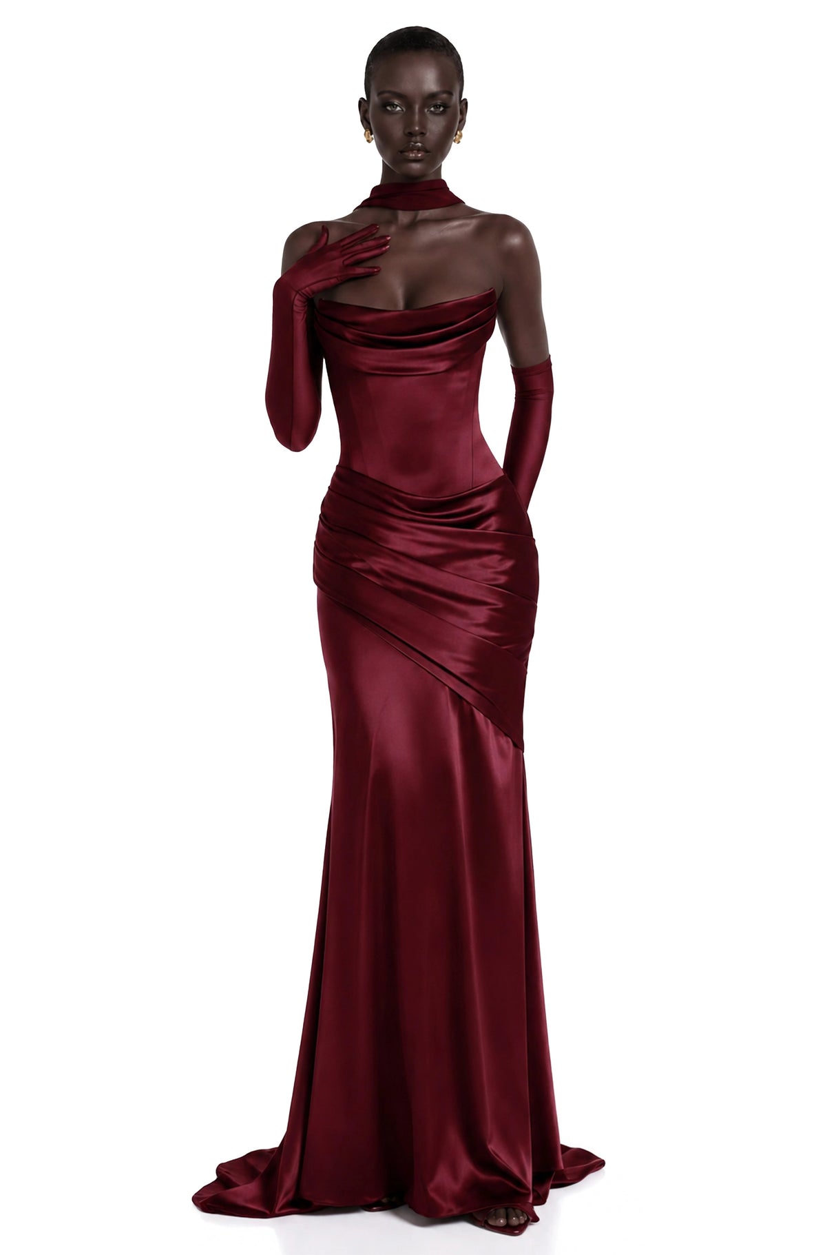 Marilou Burgundy Ruched Satin Maxi Dress