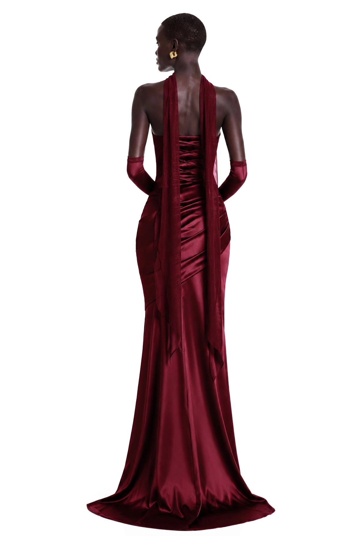 Marilou Burgundy Ruched Satin Maxi Dress