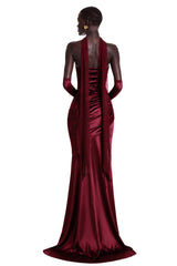 Marilou Burgundy Ruched Satin Maxi Dress