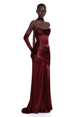 Marilou Burgundy Ruched Satin Maxi Dress