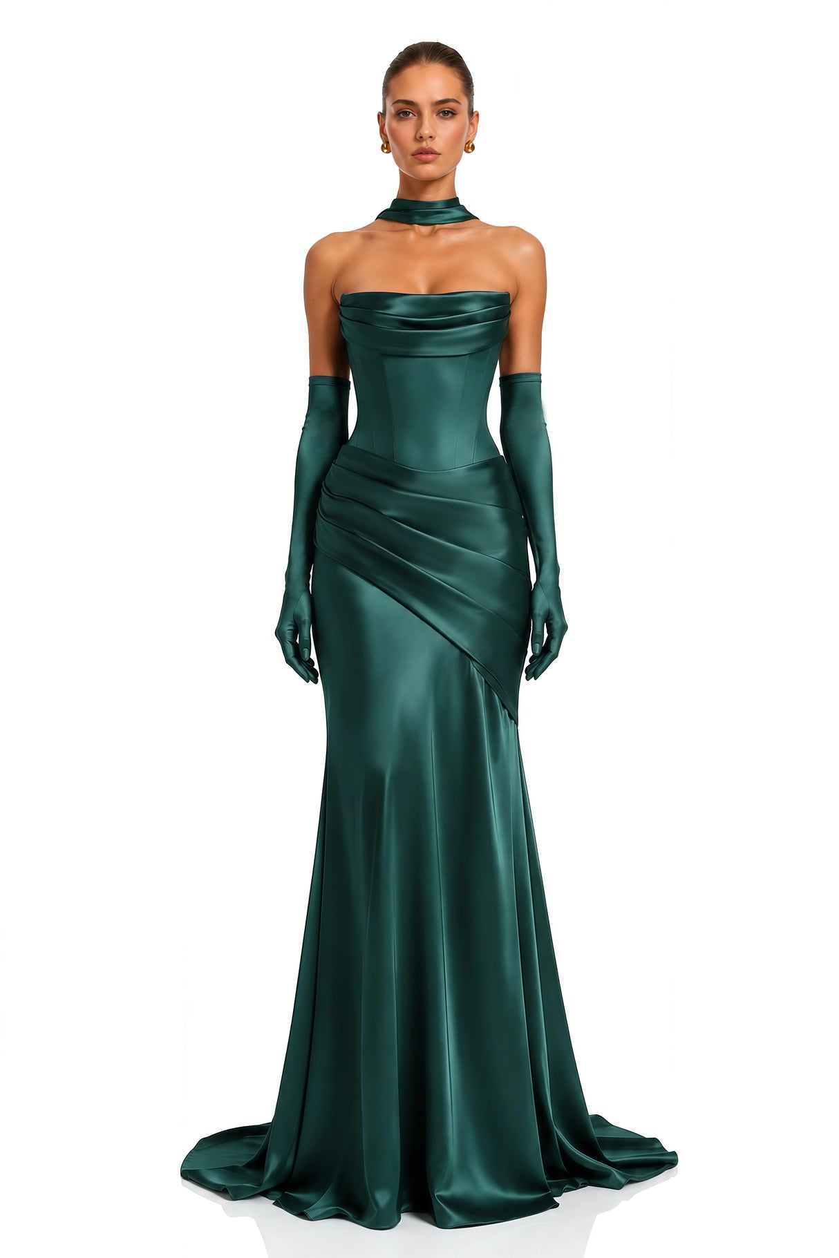 Marilou Green Ruched Satin Maxi Dress