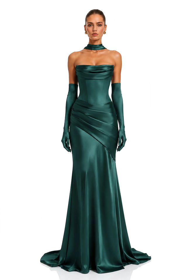 Marilou Green Ruched Satin Maxi Dress