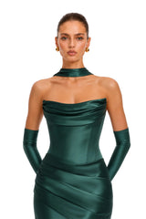 Marilou Green Ruched Satin Maxi Dress