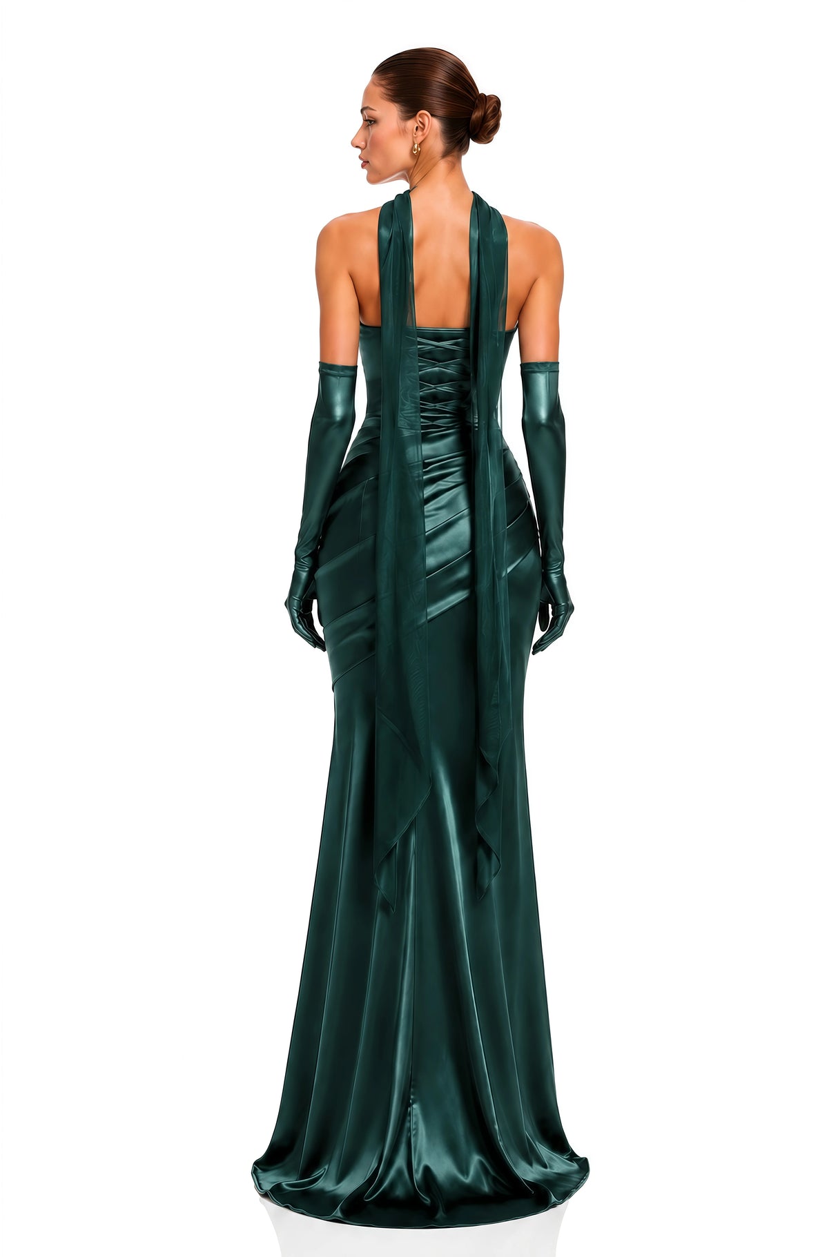 Marilou Green Ruched Satin Maxi Dress