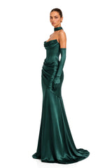 Marilou Green Ruched Satin Maxi Dress