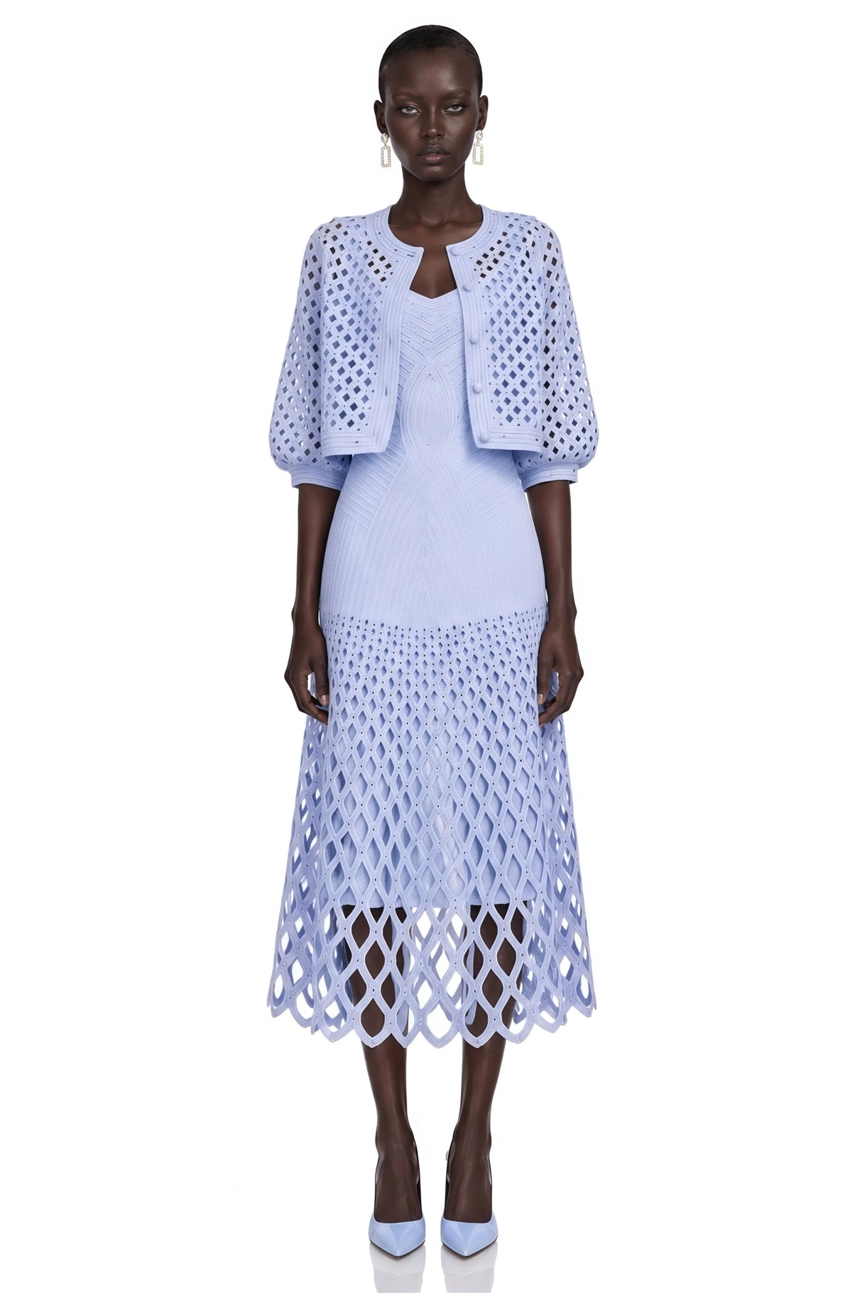 Marilyn Light Blue Midi Dress  Cape Set with CutOuts
