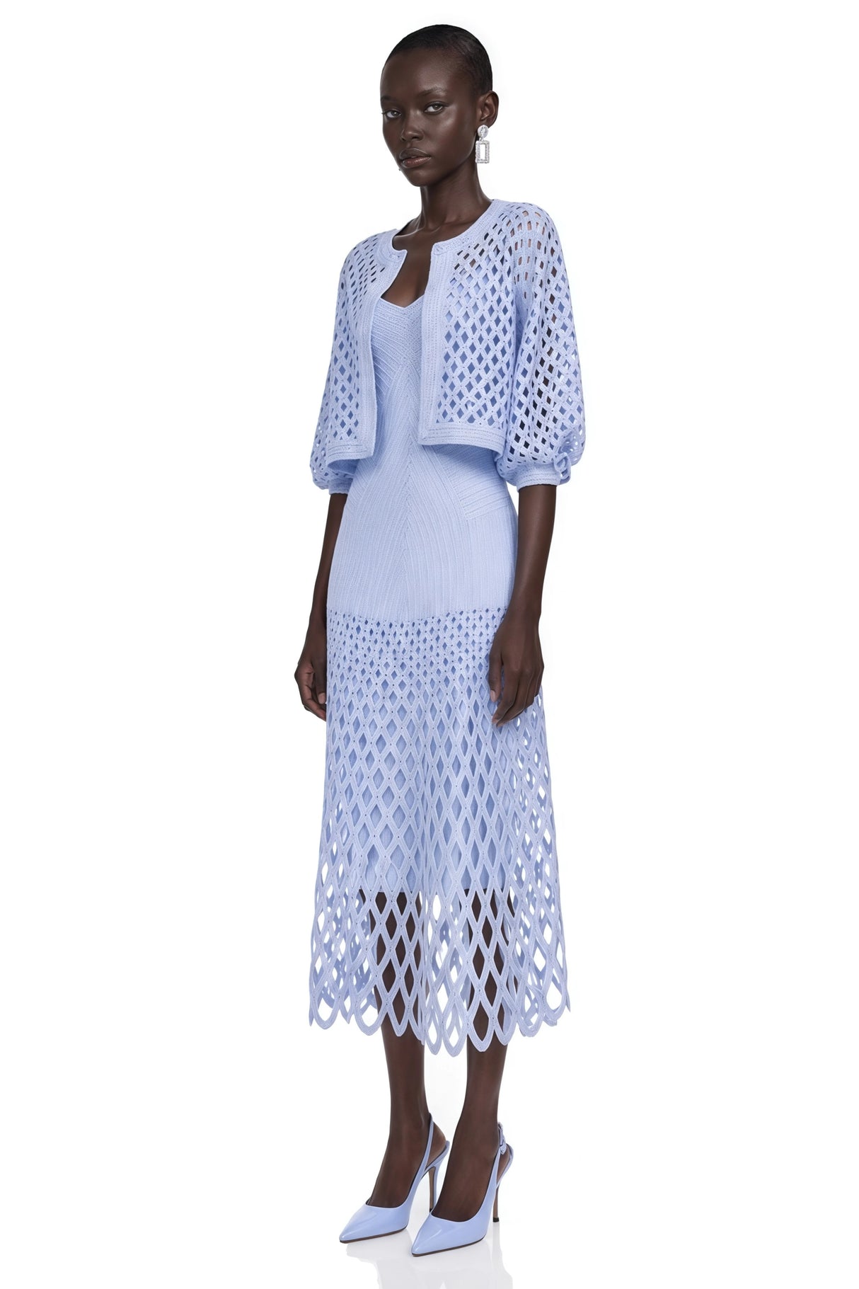 Marilyn Light Blue Midi Dress  Cape Set with CutOuts