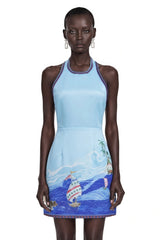 Marina Blue Scenic Print Halter Mini Dress