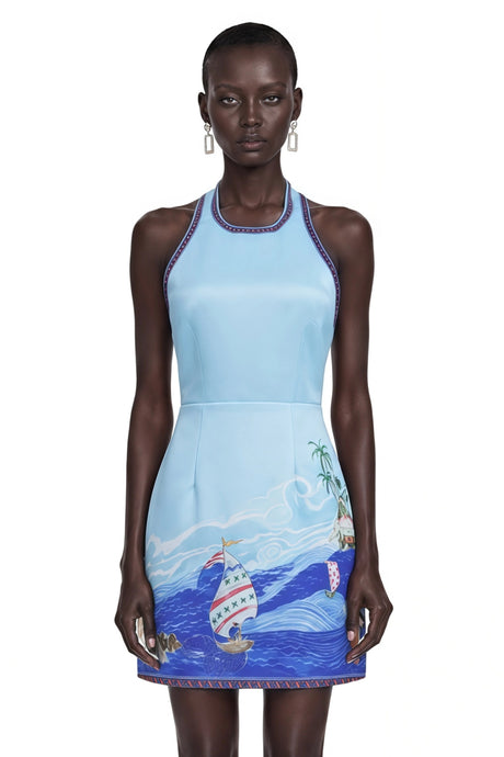 Riccarda Mini Dress Blue Scenic Print Halter