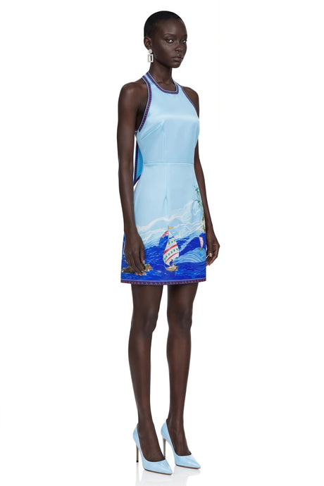 Riccarda Mini Dress Blue Scenic Print Halter