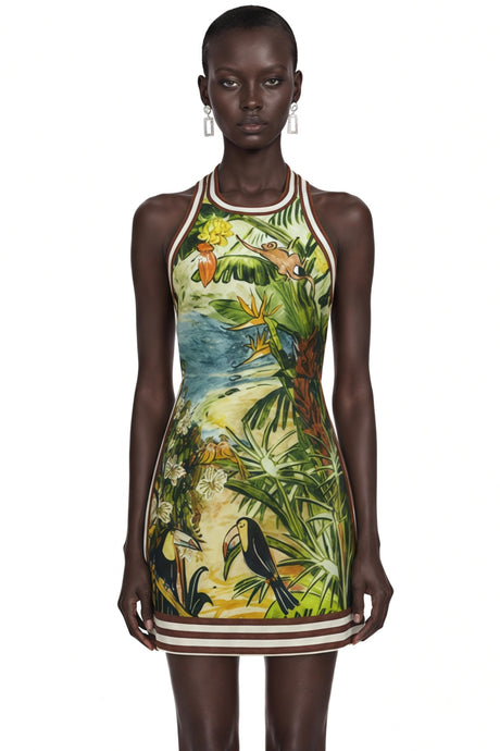 Clementina Mini Dress Green Scenic Print Halter