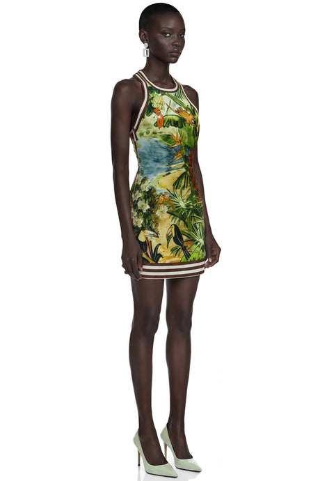 Clementina Mini Dress Green Scenic Print Halter
