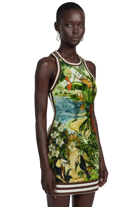 Clementina Mini Dress Green Scenic Print Halter