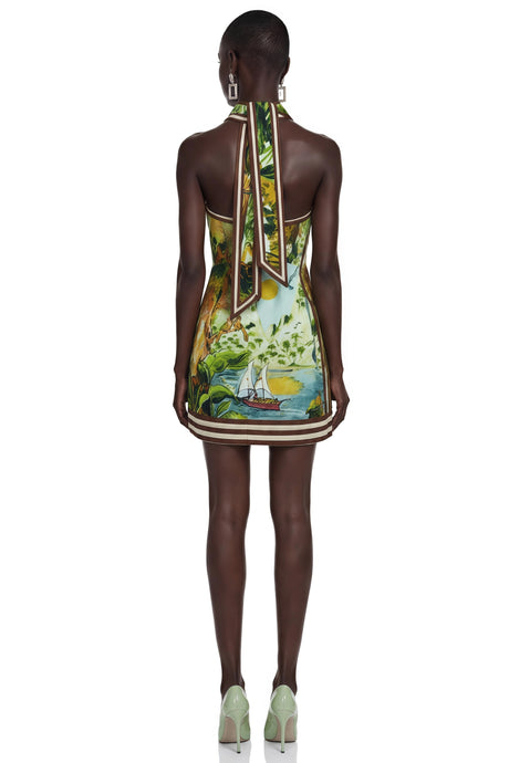 Clementina Mini Dress Green Scenic Print Halter