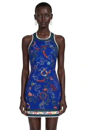 Marina Navy Blue Scenic Print Halter Mini Dress