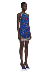 Marina Navy Blue Scenic Print Halter Mini Dress
