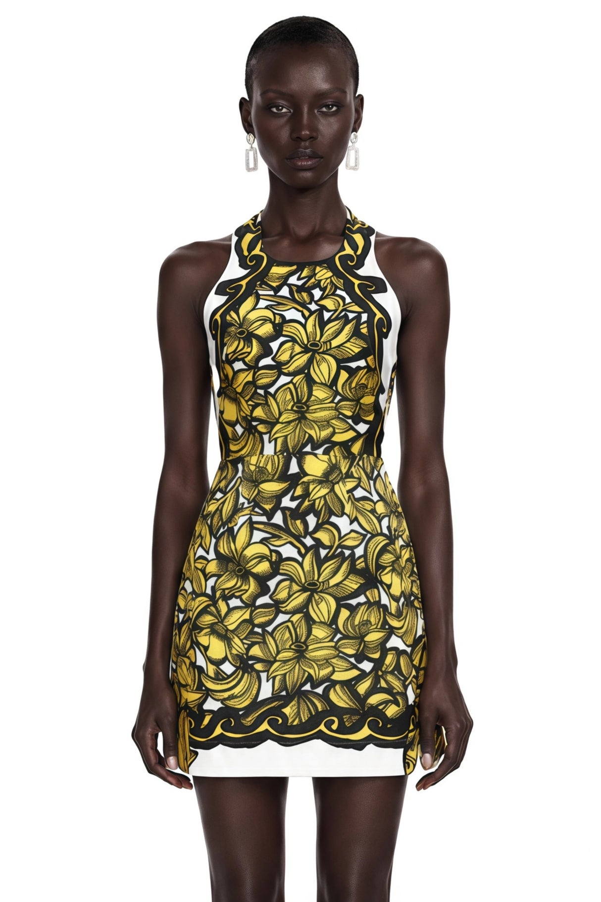 Marina Yellow Scenic Print Halter Mini Dress