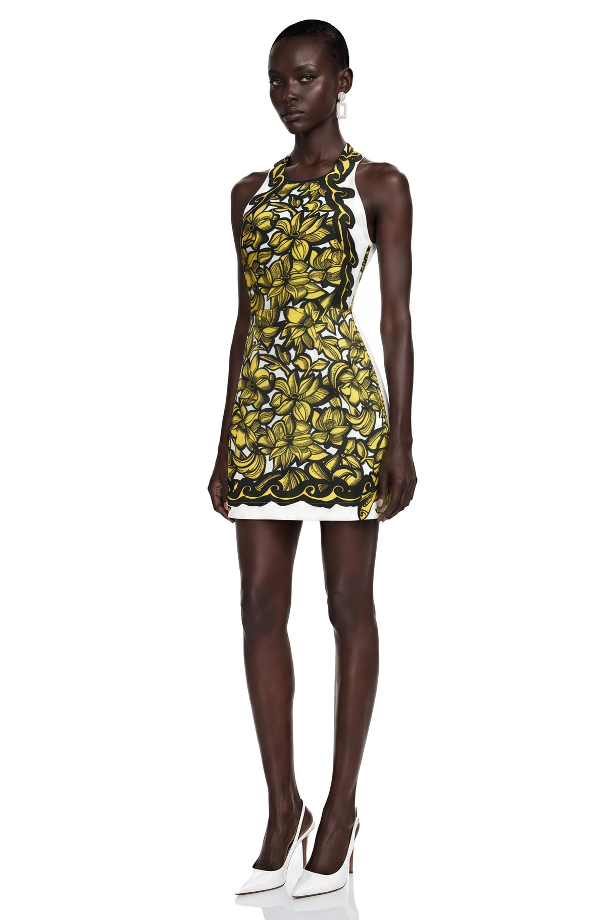 Marina Yellow Scenic Print Halter Mini Dress