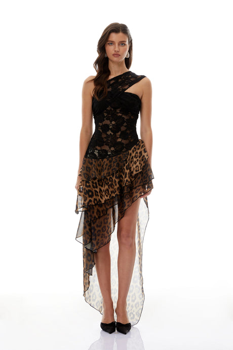 Giselle Maxi Dress Black Leopard Print Asymmetrical